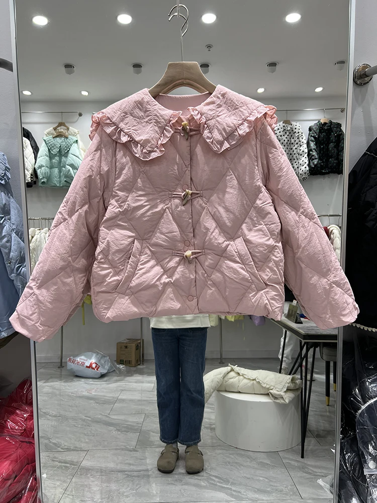 

FTLZZ Winter Women White Duck Down Coat Casual Lady Light Puffer Parka Outwear Female Turn-down Collar Horn Button Jacket