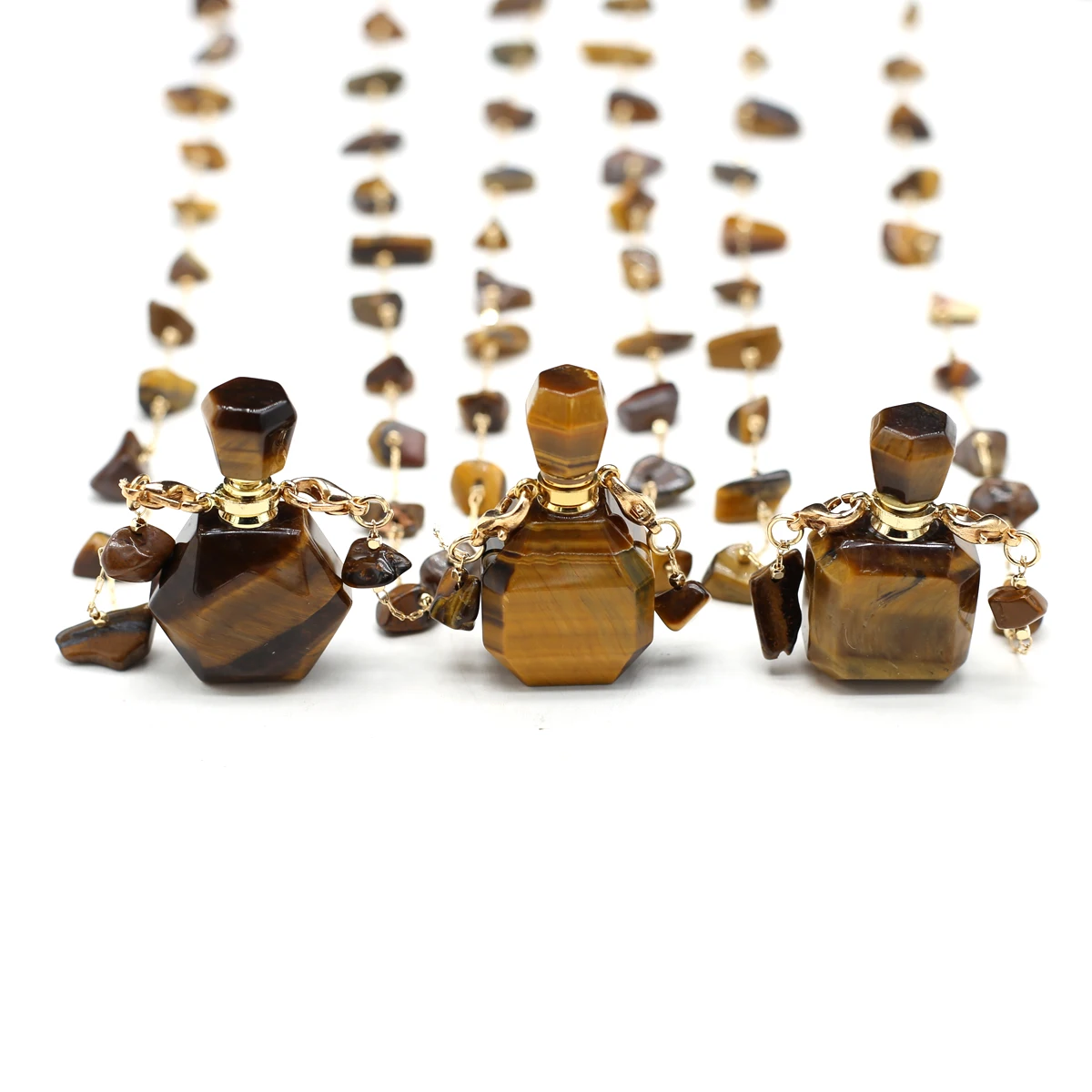 

Tiger Eye Stone Perfume Bottle Necklace Natural Gemstone Pendant Crushed Stones Chain Necklaces for Women Men DIY Jewelry Gifts