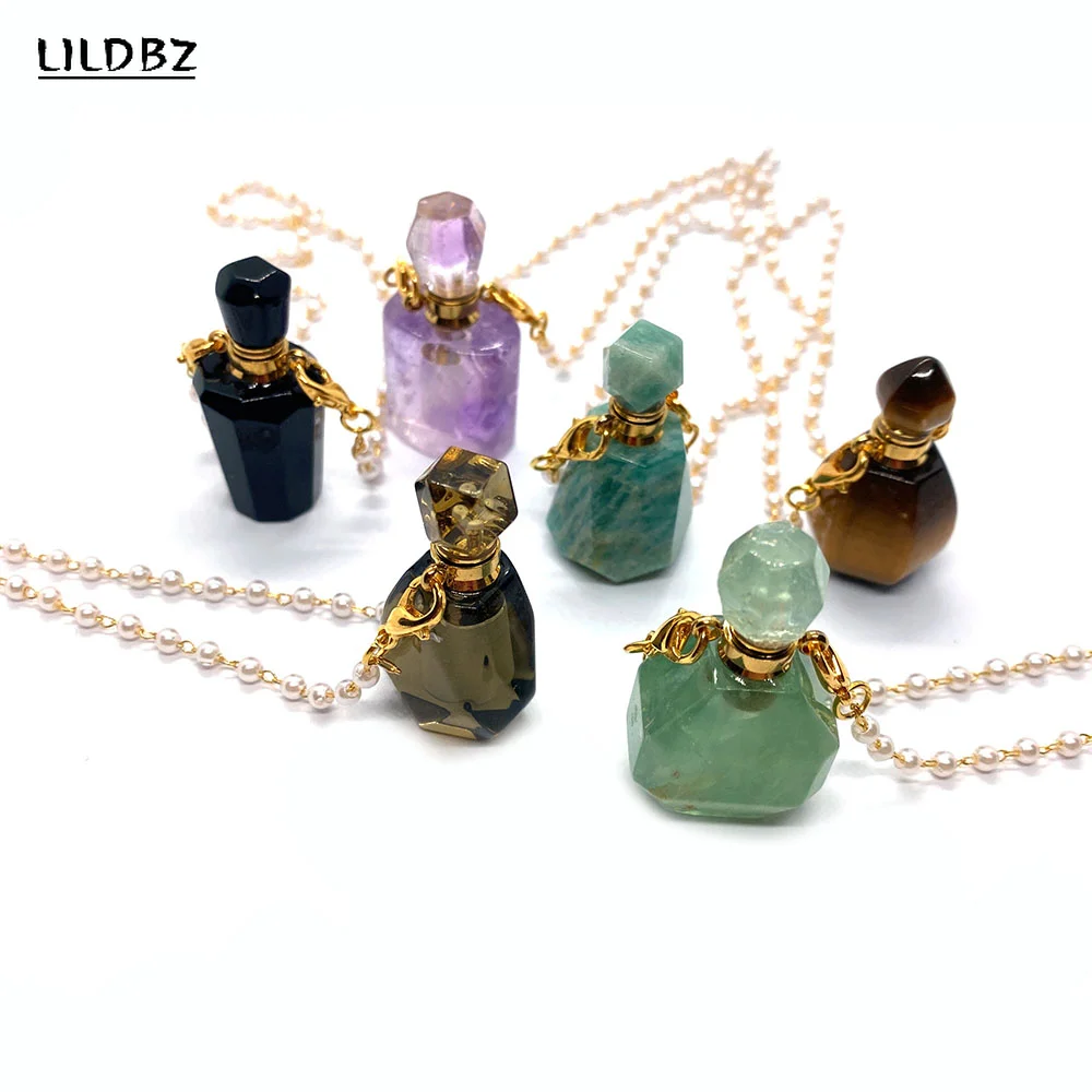 Fashion Natural Stone Amethyst Tiger Eye Stone Perfume Bottle Pendant Necklace Essential Oil Diffuser Small Bottle Charm Jewelry