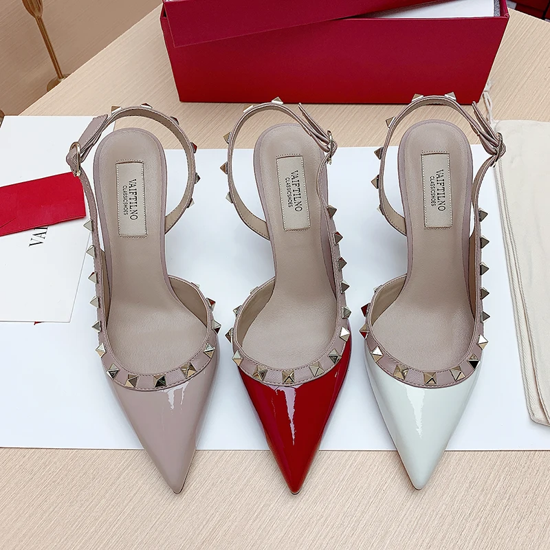 Summer New Women's Sandals High Heels Fashion Sexy Thin Heel Ankle Strap Baotou Sandals Metal Button Rivet Shoes Classics Pumps