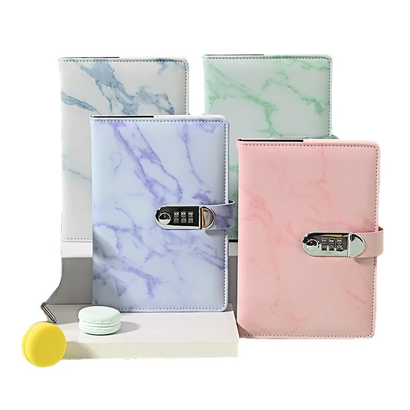 6 Styles of A5 Marble Pattern Password Pad Notepad Waterproof Pu Leather Thickened with Lock Personality Simple Notebook