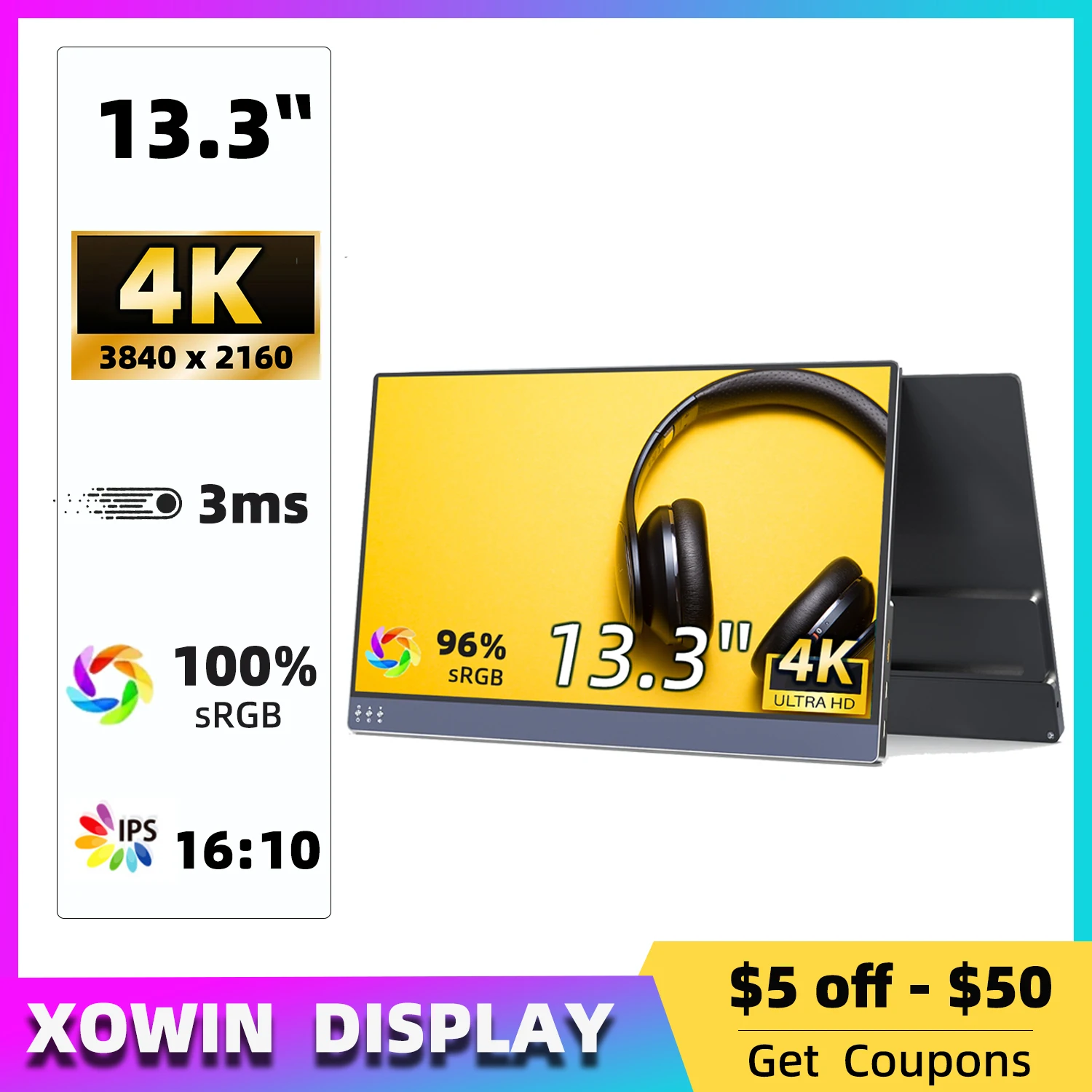 15 6-дюймовый портативный монитор 4K игровой USB C дисплей со складной подставкой для