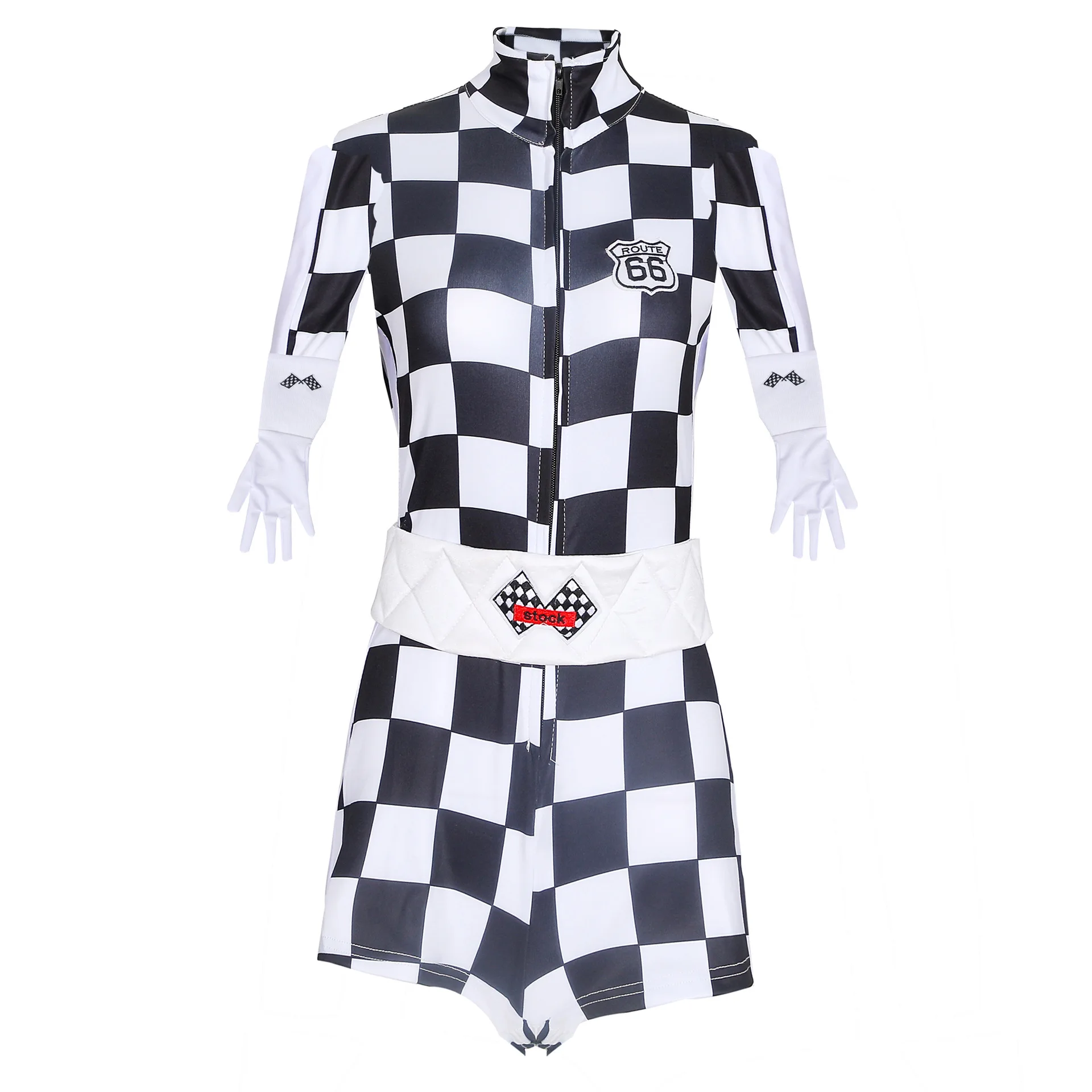 

Hot Sale Professional Cosplay Checkerboard Racing Girl Jumpsuit Costume Halloween Carnival Party for Adult Woman