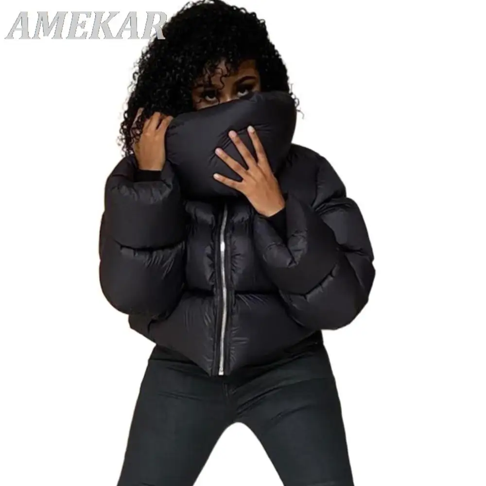 Women's Zipper Scarf Collar Short Puffer Jackets Winter Fashion Green Parka Streetwear Lady Casual Black Oversized Bubble Coats