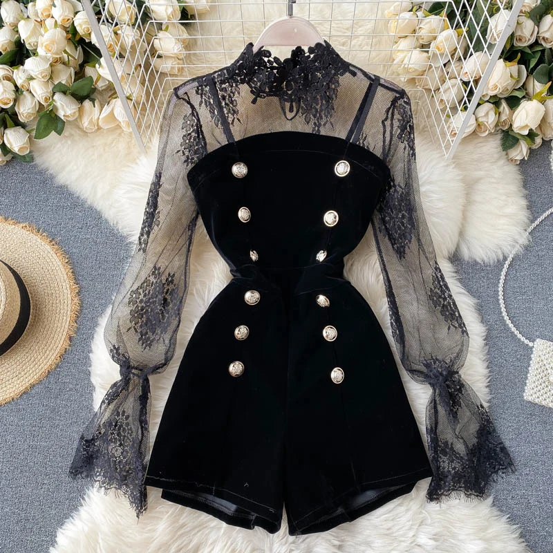 

Korean Women Mesh Lace Sexy Top Streetwear Square Neck Women Double-breasted Black Jumpsuit Overalls Top ropa mujer 220250
