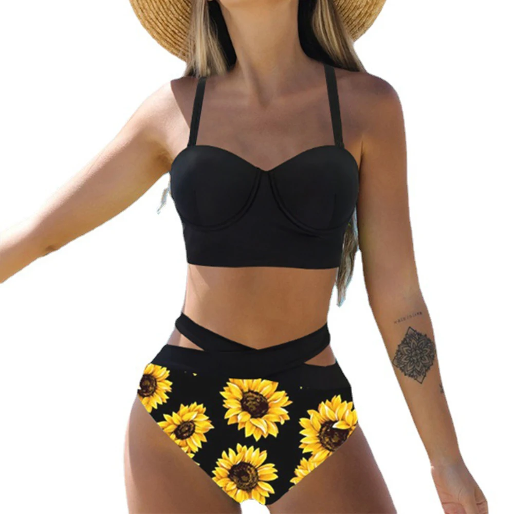 

Swimming Suit Women Summer Fashion Two Piece Set Leaves Printed Beachwear High Waist Straps Tops Briefs Swimsuits Women 2022