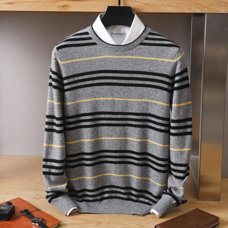 100% pure wool sweater men's round neck pullover spring and autumn new knitted striped cashmere sweater