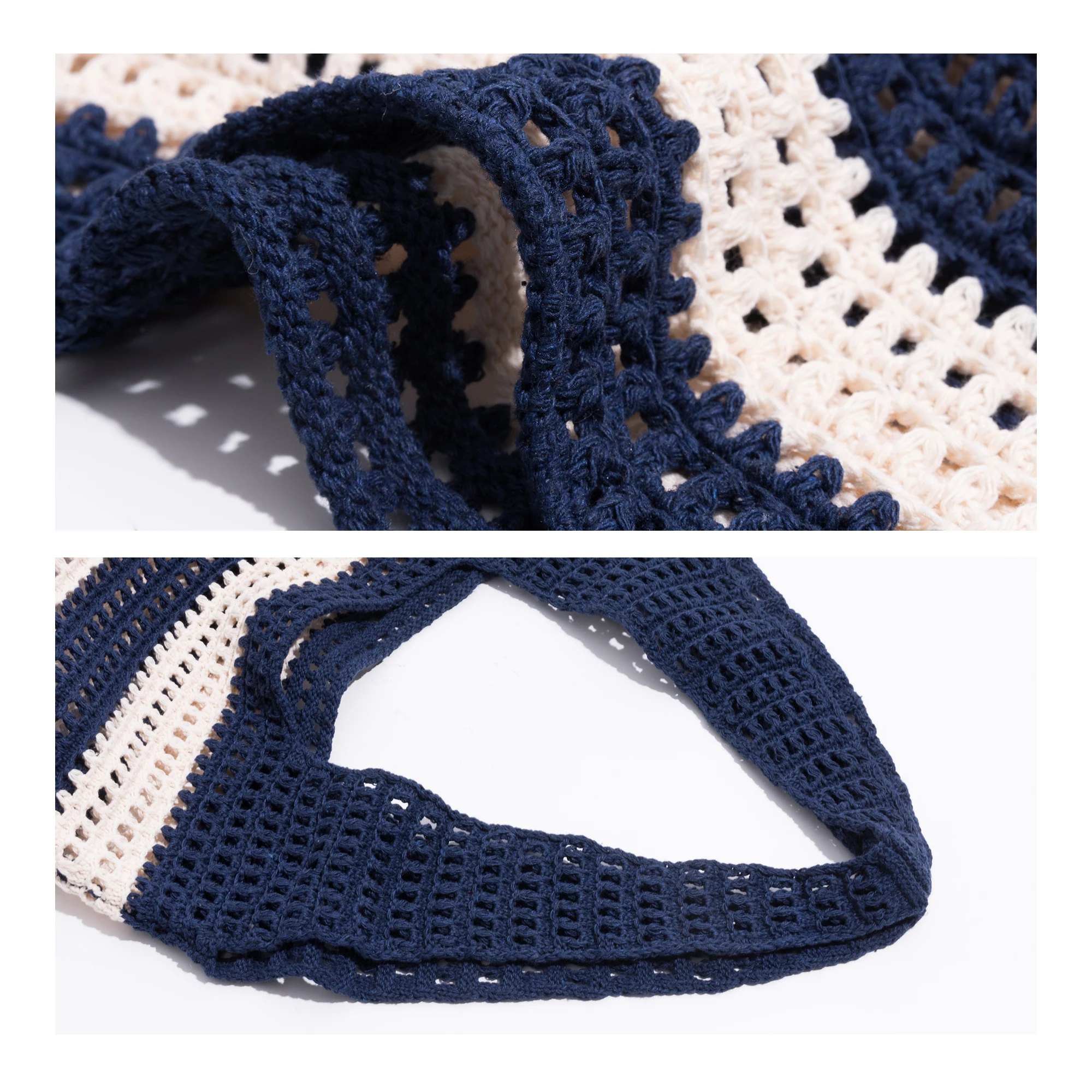 KOKOPEAS Hollow Out Knitting Stripe Shoulder Bag For Women Cotton Soft Beach Handbag Large Capacity Shopping Bag