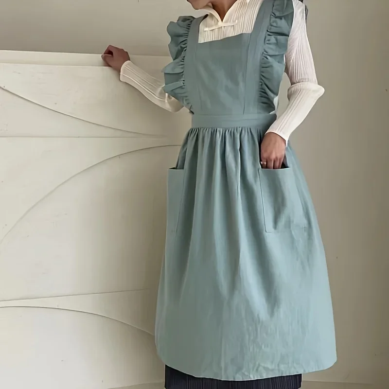 Бытовой кружевной хлопковый фартук из конопли в форме лотоса. Стильный льняной с