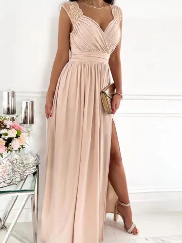 

Женское длинное Кружевное платье-макси, элегантное вечернее платье с V-образным вырезом, без рукавов, с разрезом и открытой спиной, на молнии...