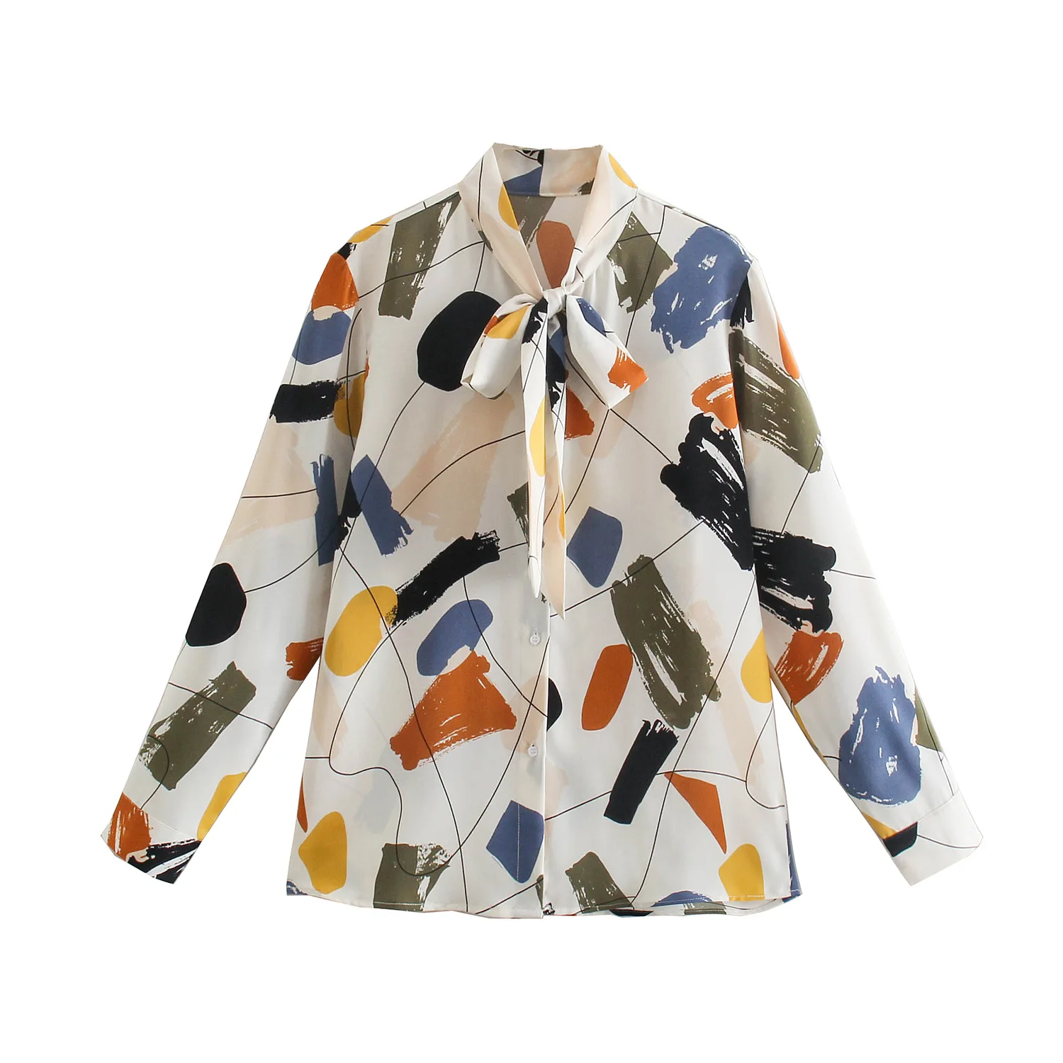 

MOYATIIY Women 2022 Fashion Spring Shirts Casual Art Print Pattern Shirts Blouse with Bow Tied Long Sleeve Female Tops