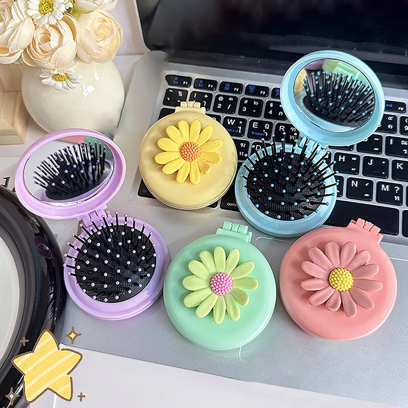 Симпатичная цветная расческа Ромашка с зеркалом складная массажная подушкой