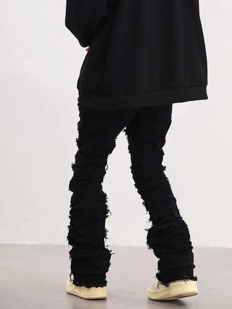 ADAgirl Black Ripped for Jeans Pants Women Y2k Tassel Flared High Street Denim Trousers Full Length Tassel Solid Color Casual