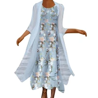 1 set office lady cardigan dress floral print large hem spring summer vintage chiffon dress set for party