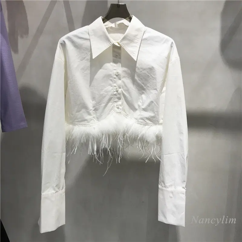 

Ostrich Feather Stitching High Waist Short Shirt for Women 2022 Autumn New Slimming Drill Buckle Long Sleeve Top White Blusas