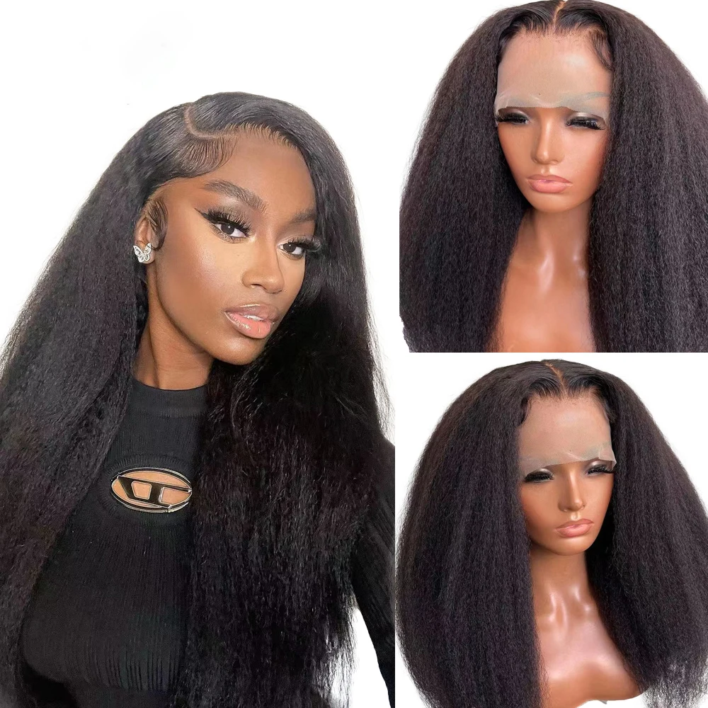 

Yaki 200 Density Natural Black Soft Kinky Straight 26"Long Lace Front Wig for African Women with BabyHair Preplucked Glueless