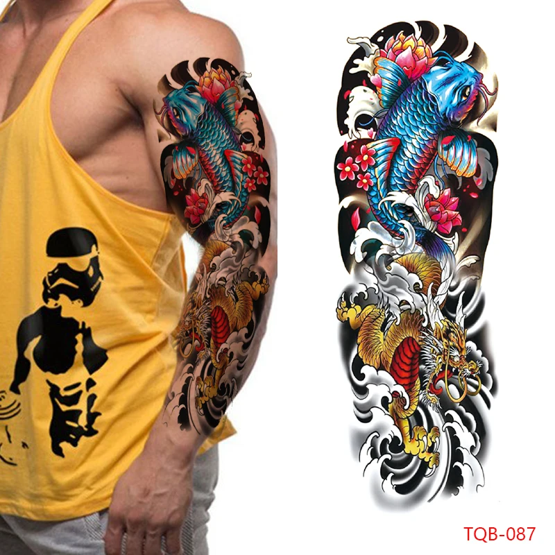 

Большой рукав на руку золотистый дракон временная татуировка водостойкая Мужская и Женская тела окрашенная на всю руку накладная Татуиров...