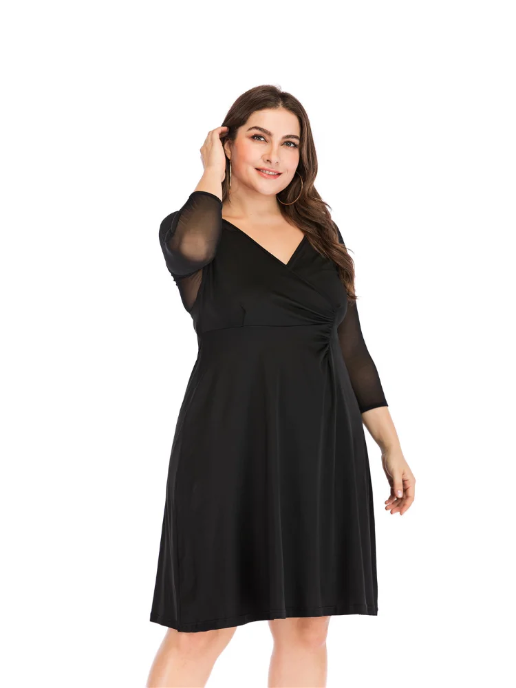 Women's Spring New Mesh Long Sleeve Spliced Solid Color Waist Large Dress plus size women clothing  party dress