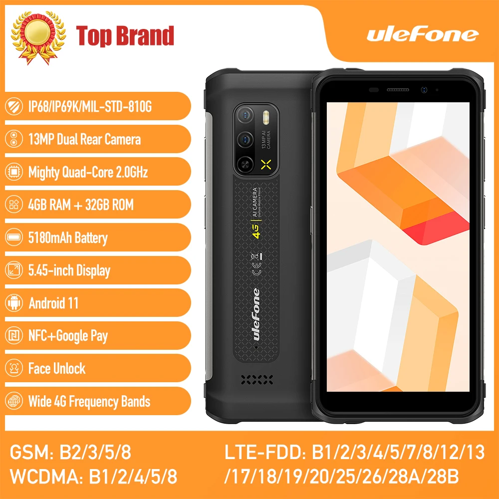 

Ulefone Armor X10 Android 11 Mobile Phone IP68 Rugged Phone 4GB 32GB Helio A22 Cellphones 5.45" Quad Core Smartphone 5180mAh NFC