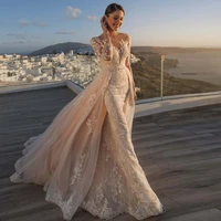 luxury mermaid wedding dresses long sleeves button detachable train lace applique bridal dress tailor made vestito da sposa