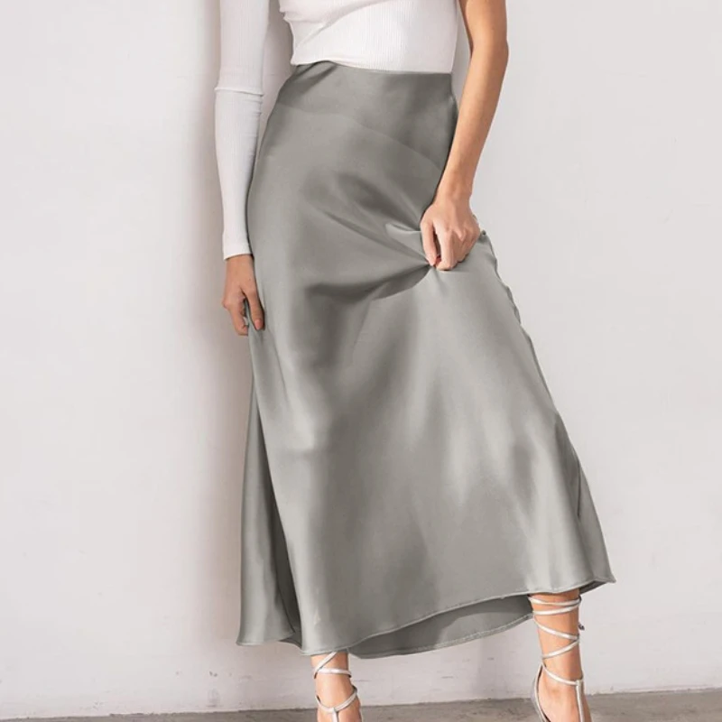 

2022 Summer Autumn Elegant Women Satin Party Skirts A-Line High Waisted Ladies Long Skirt Evening Female Maxi Skirts Loose