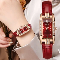 luxury fashion women watches gift for lady red leather strap simple watch case rhinestone rectangle dial clock reloj de mujer