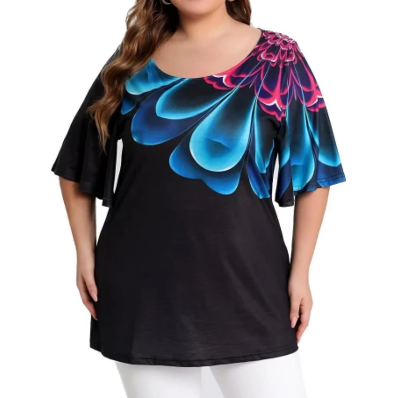 

Plus Size Women's T-Shirt Fashion Flower Short Sleeve Tee Loose Casual Female Clothing Street O Neck Summer T Shirt Ladies Tops