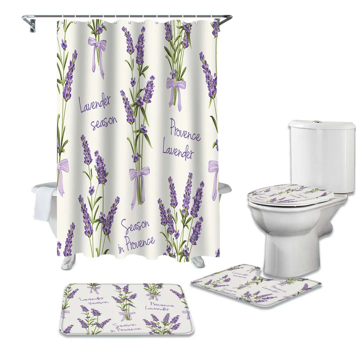 

Lavender Print Shower Curtain Set Carpet Cover Toilet Cover Bathroom Mat Bathroom Household