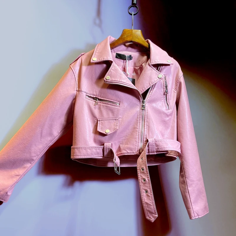 Korean Style Woman's Short Pink Leather Coat 2022 New Autumn and Winter Motorcycle Clothing Women's Cool Handsome Leather Jacket