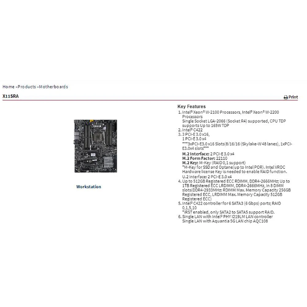 

X11SRA For Supermicro Workstation Motherboard Supports W-2100/2200 LGA2066 C422 Chip