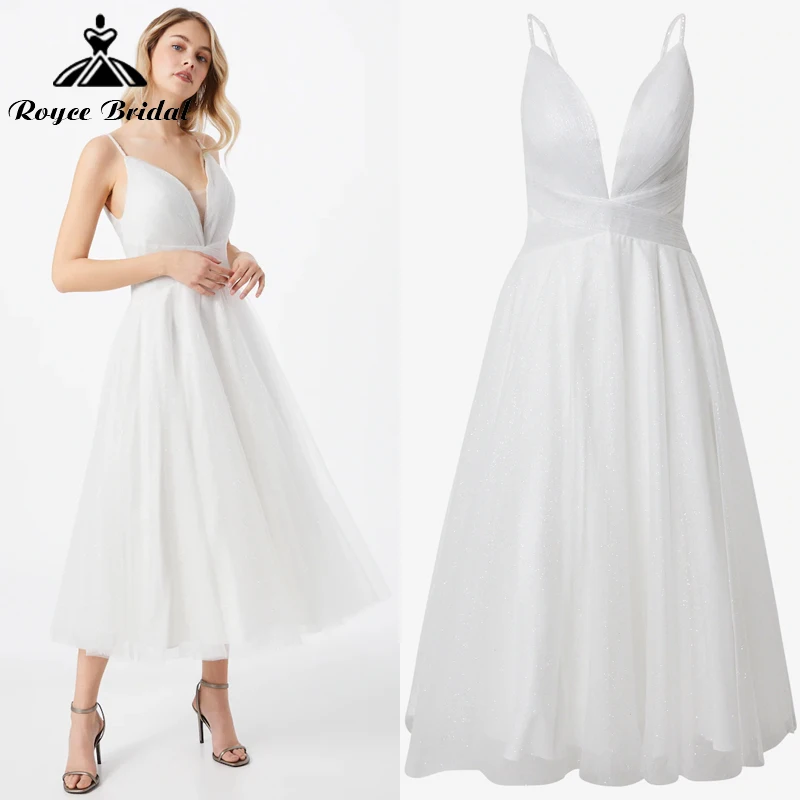 

Simple V-neck Spaghetti Straps Sexy Backless Zipper Lace Mid-Calf A-Line Wedding Dresse Netting Bridal Gowns vestidos de fiesta