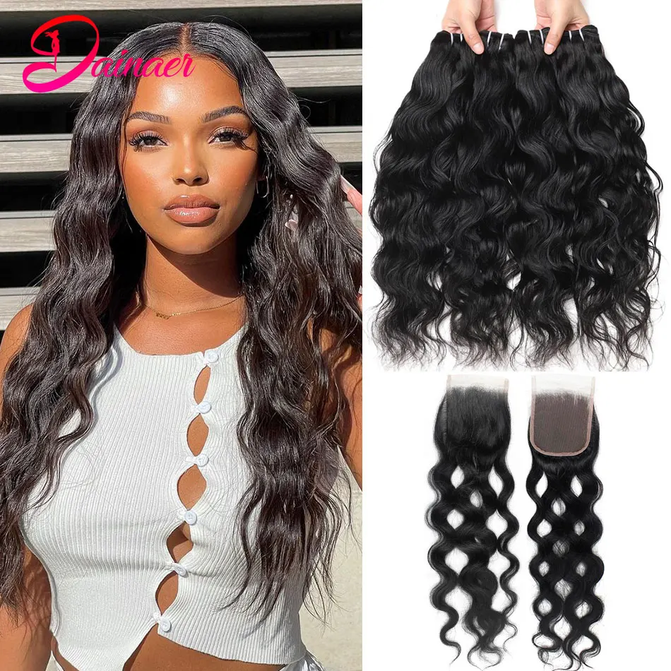 Natural Wave Bundles Human Hair With Closure Hair Extension Peruvian Natural Hair Bundles With Closure 4x4 Closure With Bundles