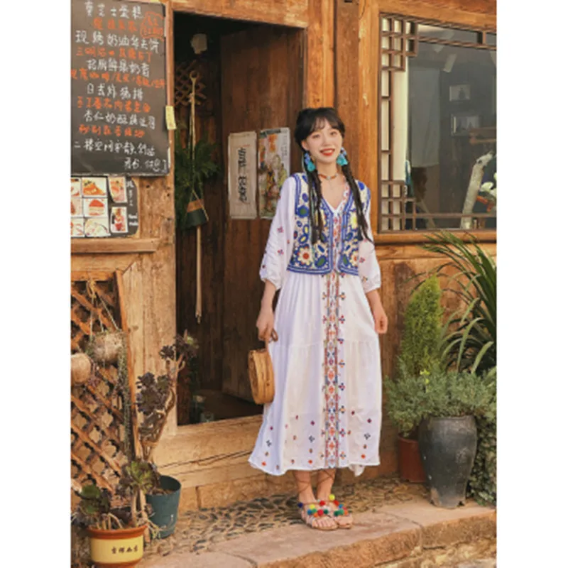

BULOCHOVA Spring And Summer 2 Piece Sets Embroidery Short Vest + Loose Long Dress Boho Holiday Outfits Women's Suit Clothes 2023