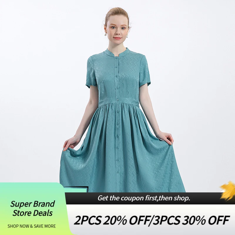 

22 Momme Jacquard Silk Stand Collar Short Sleeve Dresses Women Single Breasted Fashion Pleated Shirt Dress Summer AS6910