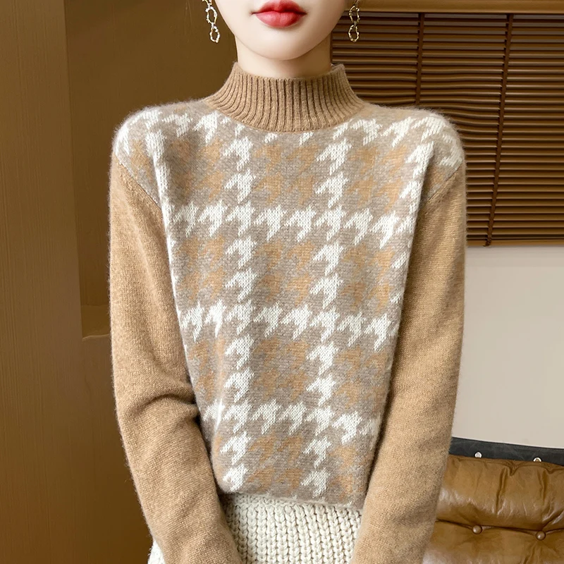 Осенне-зимний свитер из чистой шерсти с полувысоким воротником и сеткой Тысяча