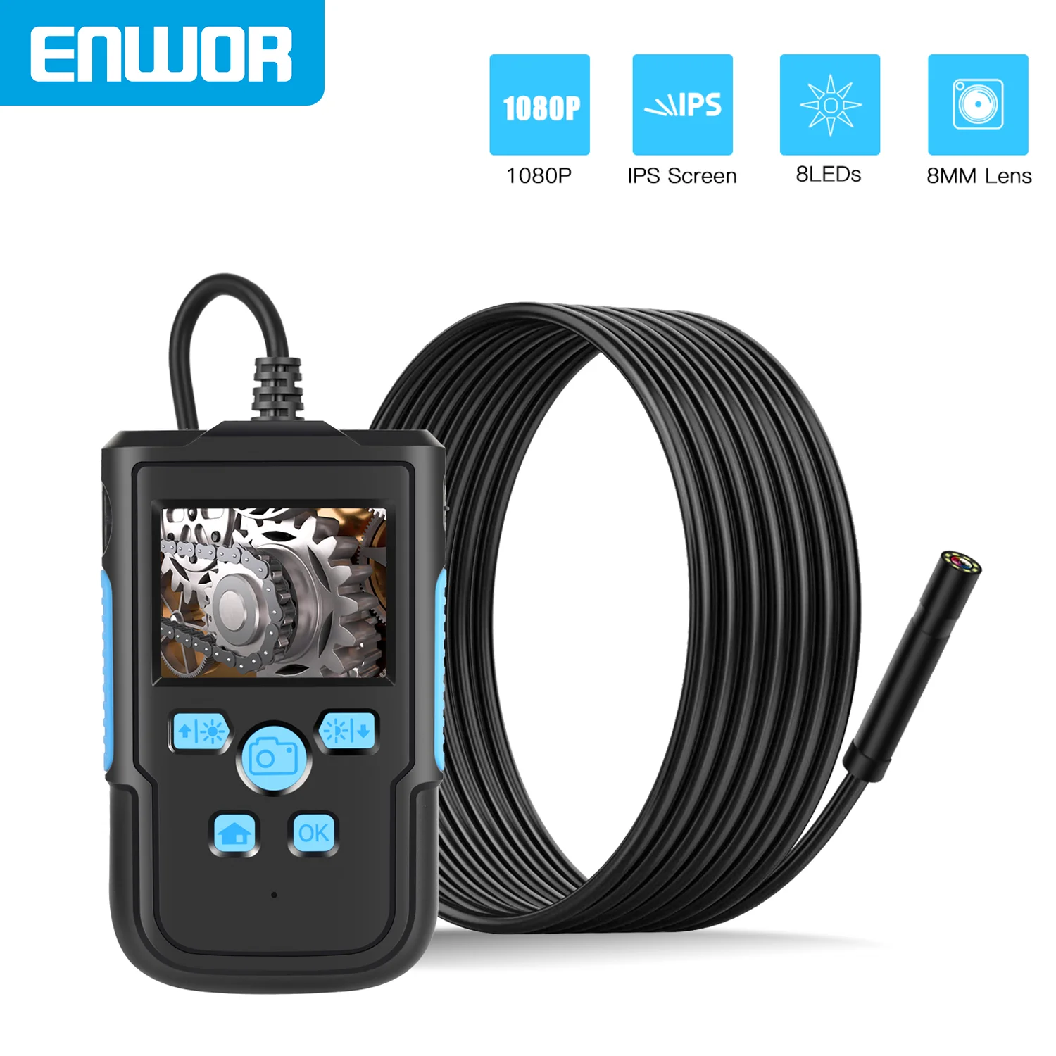 

ENWOR 3.9mm Industrial Endoscope Camera 2.4" IPS Screen Ip68 Waterproof Lens 1080P HD Rigid Cable Borescope for Checking 8mm