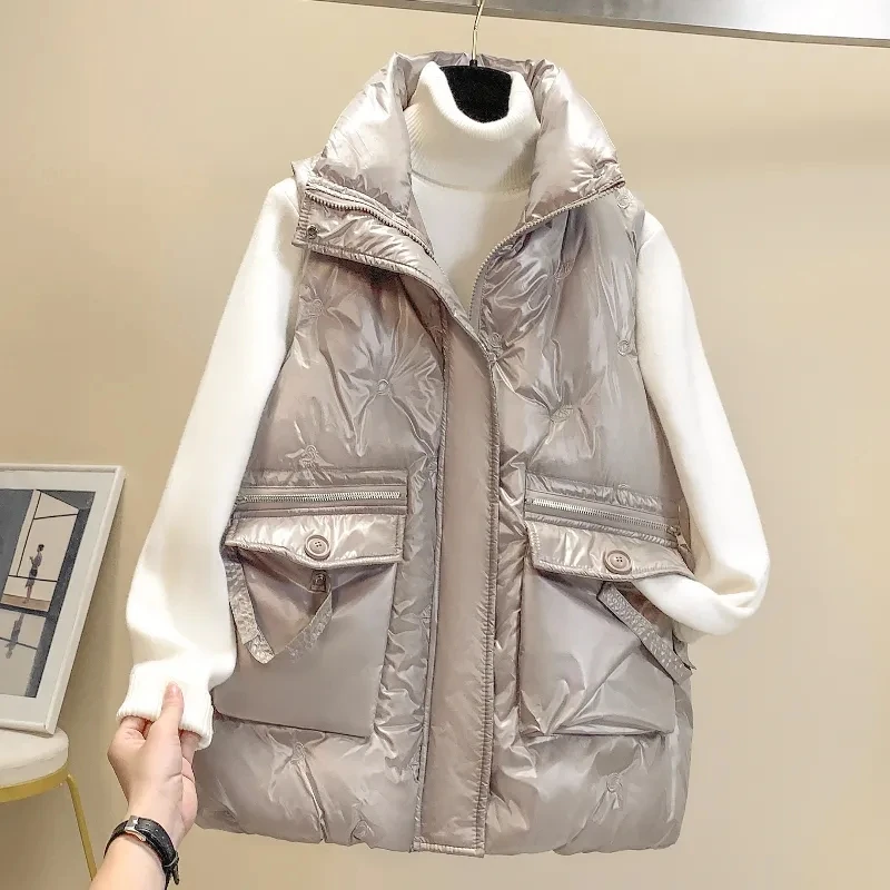 

New Bright Wash-Free Down Cotton Vest Jacket Women's Autumn Winter Korean Short Sleeveless Coat Large Size Fashion Waistcoat Top