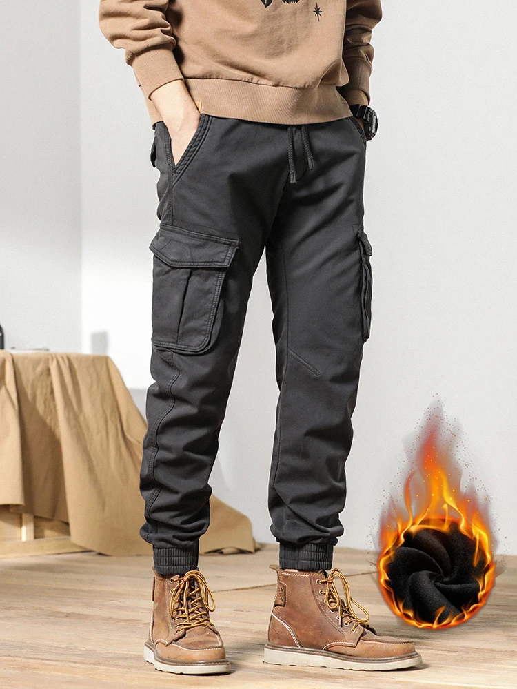 2022 New Multi-Pockets Winter Cargo Pants Men Fleece Liner Thick Warm Slim Fit Joggers Streetwear Casual Cotton Thermal Trousers