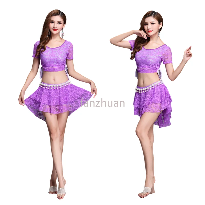 

Lace belly dance costumes short sleeve top skirt waist chain 3pc set belly dance set for women belly dance exercise suits M L XL