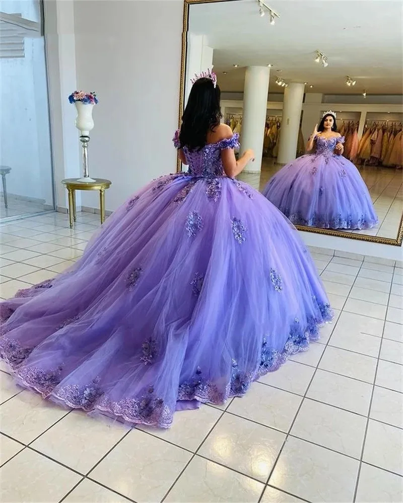 

Очаровательные фиолетовые платья Quinceanera с открытыми плечами бальное платье 3D цветочное милое 16 Vestidos De Fiesta