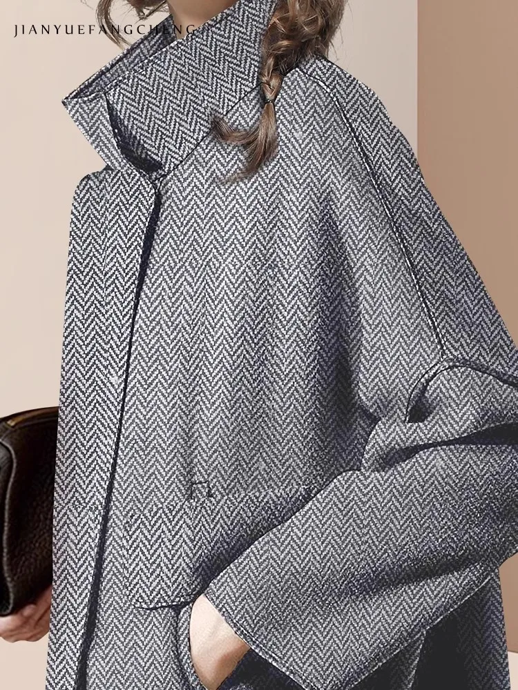 Новинка Осень-зима 2024 женская серая шерстяная ветрозащитная куртка Свободные