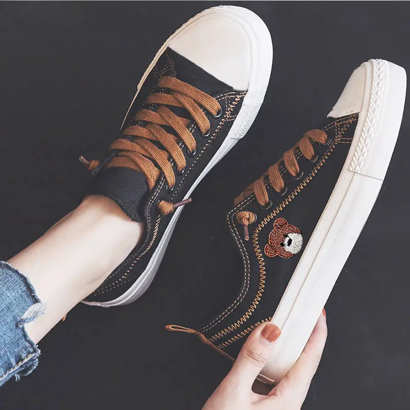 Cute Bear Canvas Shoes Lace Up Flat Loafers Women Casual Sne