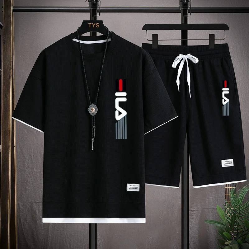 Мужской спортивный костюм с вафельным принтом повседневный свободный из