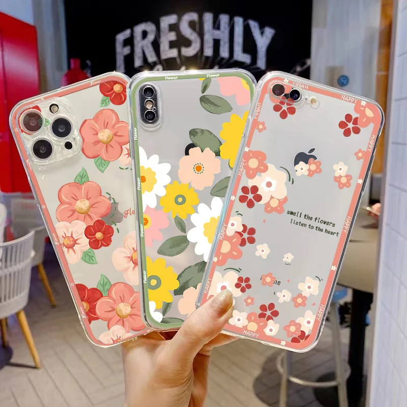 

Cute Color Flowers Phone Case For iPhone 13 12 Pro Max Mini 11 Pro X XR XS Max 6 6S 7 8 Plus Cover Black Back Soft TPU Funda