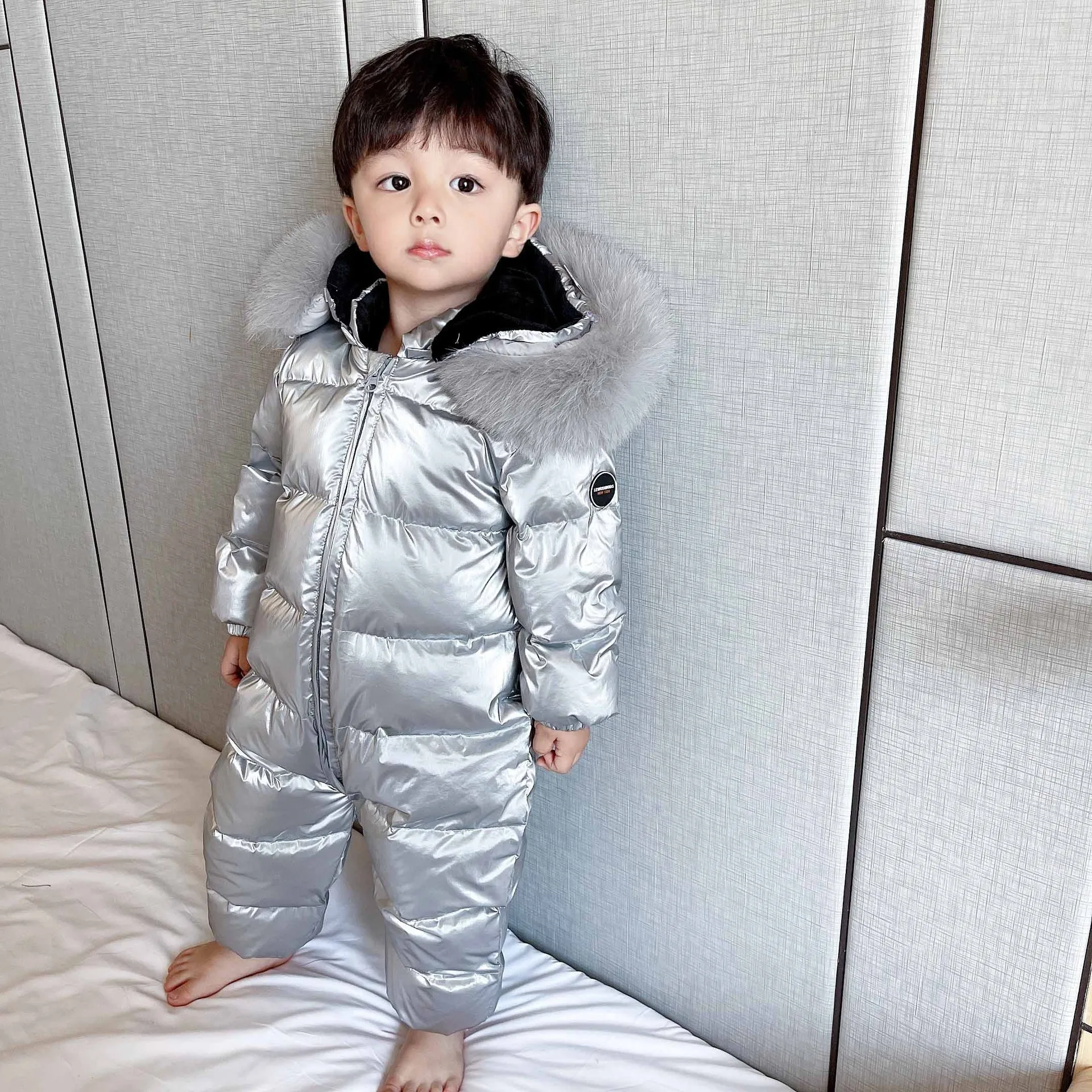 2022 Winter Baby Girls Boys Real Fur Hooded Down Rompers Infant Warm Overalls Newborn Jumpsuit