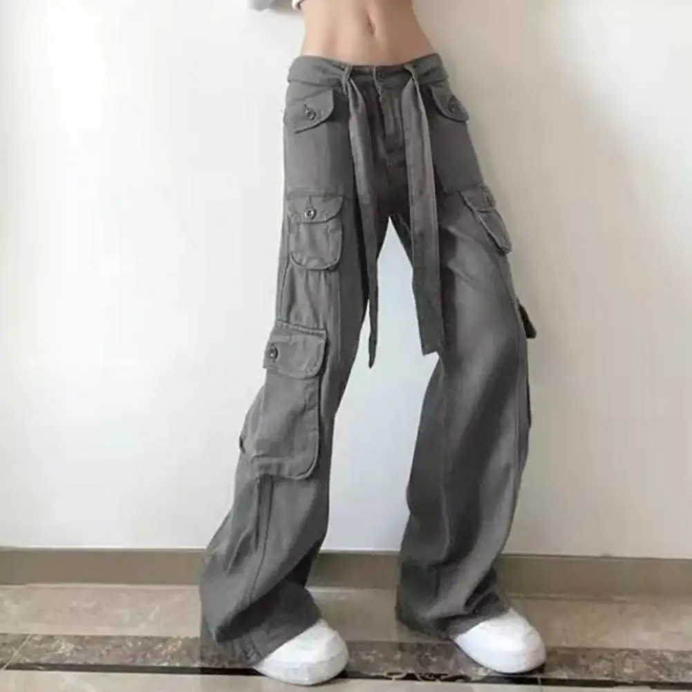 

High-Waist Lace-up Button Zipper Fly Cargo Pants Multi Pockets Loose Sports Pants Jeans Pure Colors Lace-up Overalls Jeans
