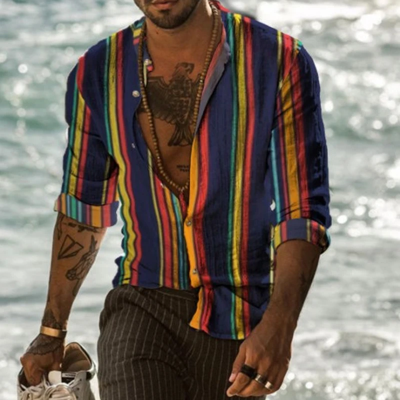 

Рубашка мужская с отложным воротником, винтажная Повседневная Уличная одежда с принтом в полоску, на пуговицах, с длинным рукавом, осень