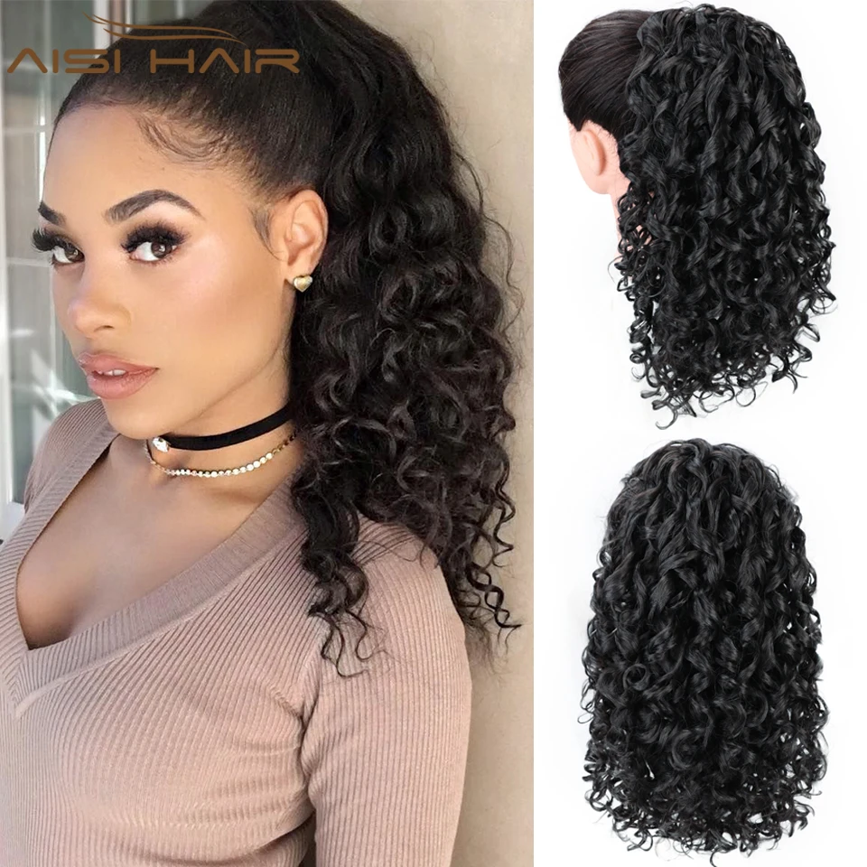 

AISI HAIR Synthetic Black Curly Ponytail Extension Drawstring Ponytails for Black Women Ponytail Hair Extensions with 2 Clips