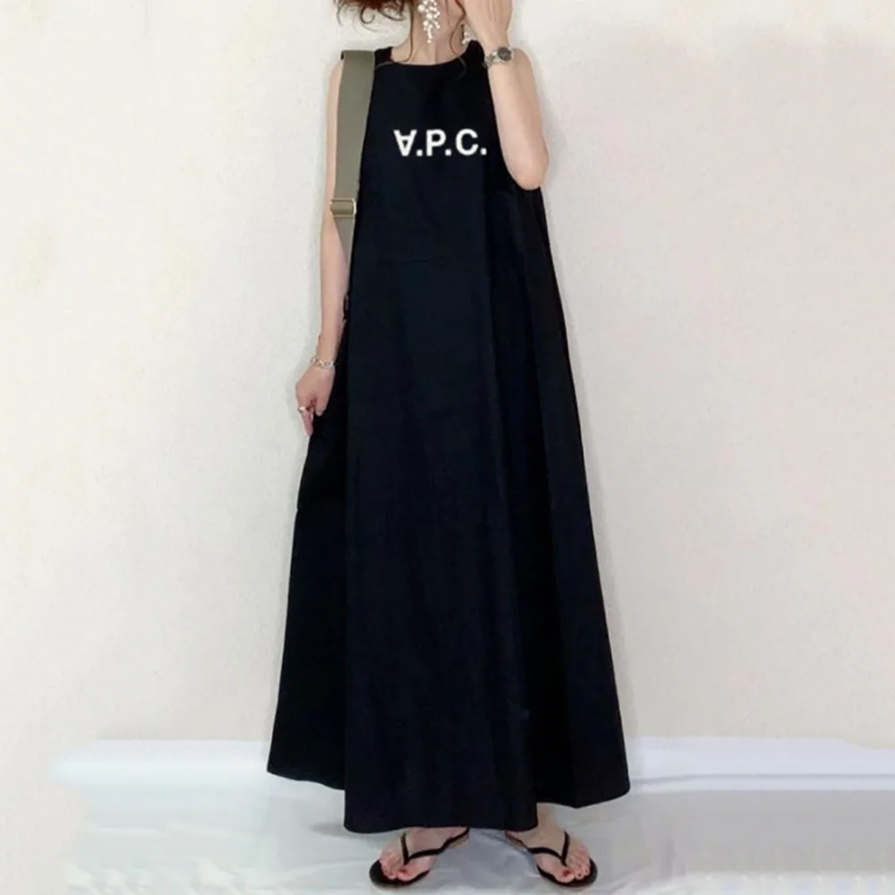 

Sleeveless Loose Casual Women Long Dress Summer Letter Black Fashion Simple Modern OL Party Dating Beach Maxi Dress A-Line Robe