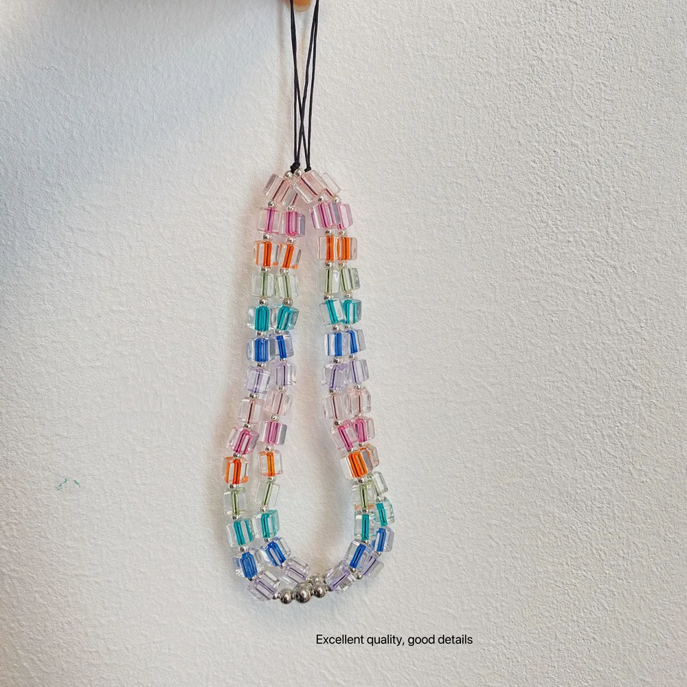 

Fashion Bracelet Simple Style Color Blocking Square Beaded Short Lanyard Mobile Phone Chain Gifts For Female Jewelry Accessories